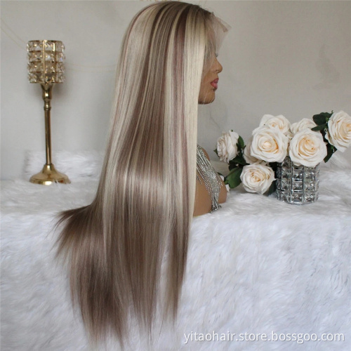 Lace Front Wigs Straight Synthetic Wig Middle Part Mixed Brown and Blonde Colored for Women  synthetic hair wigs with highlights